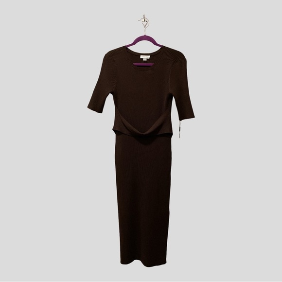Calvin Klein Chocolate Brown Ribbed Short-Sleeved Dress w/Back Side Slit, Medium - Picture 2 of 11